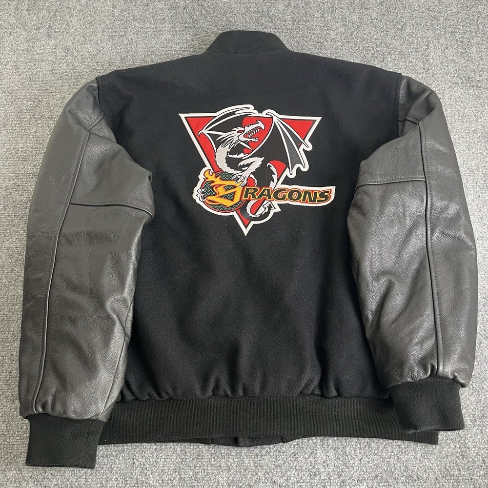 GAME Sportswear Dragons Black Wool Leather Varsity Jacket Size L USA Made